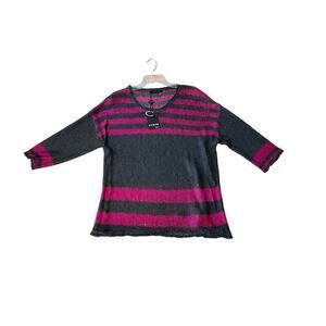 Cyrus Sweater Open Knit 3/4 Sleeve Pullover Striped Glitter Pink Large